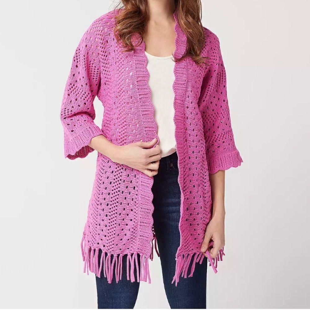 Isaac Mizrahi Open Stitch Cardigan Fringe Trim